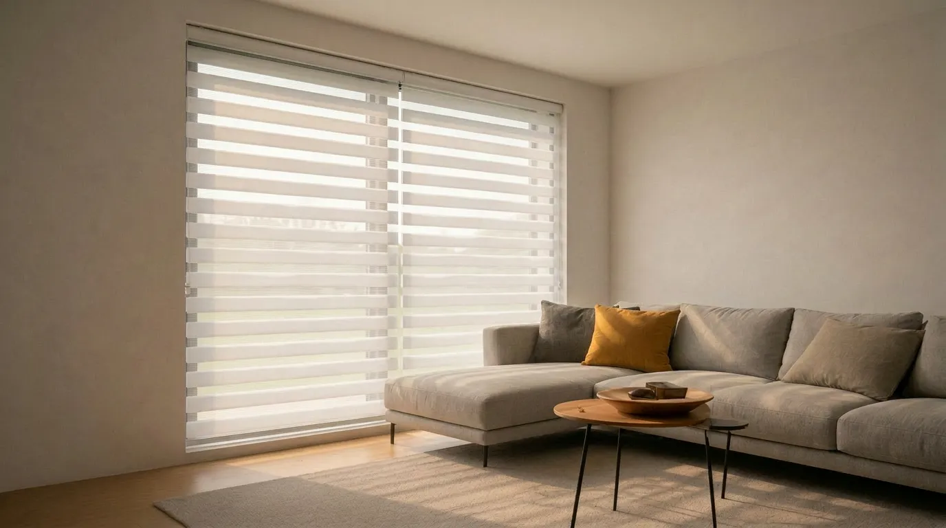 Calgary living room after Voss smart zebra blinds installation